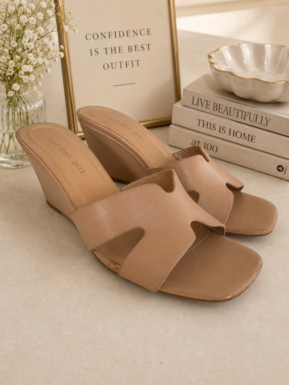Madden Girl Wedge Slide Sandals Size 7.5 | Nude Minimal Slip-On Platform Heel